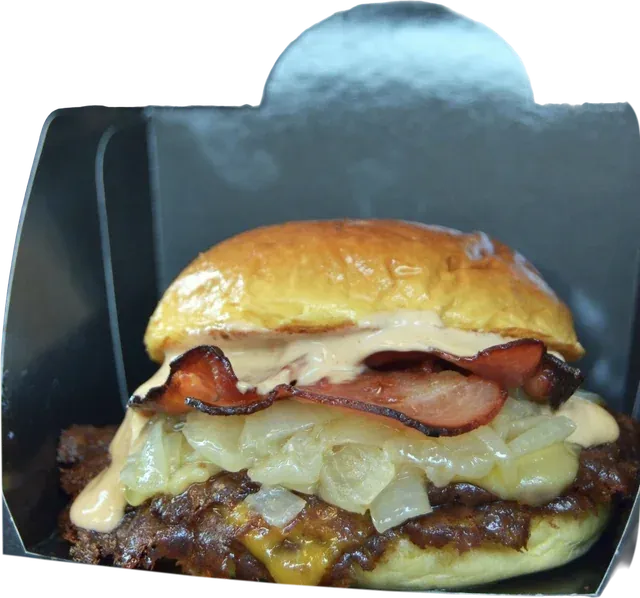 Just Smash en su caja negra, con bacon, cebolla pochada y salsa
