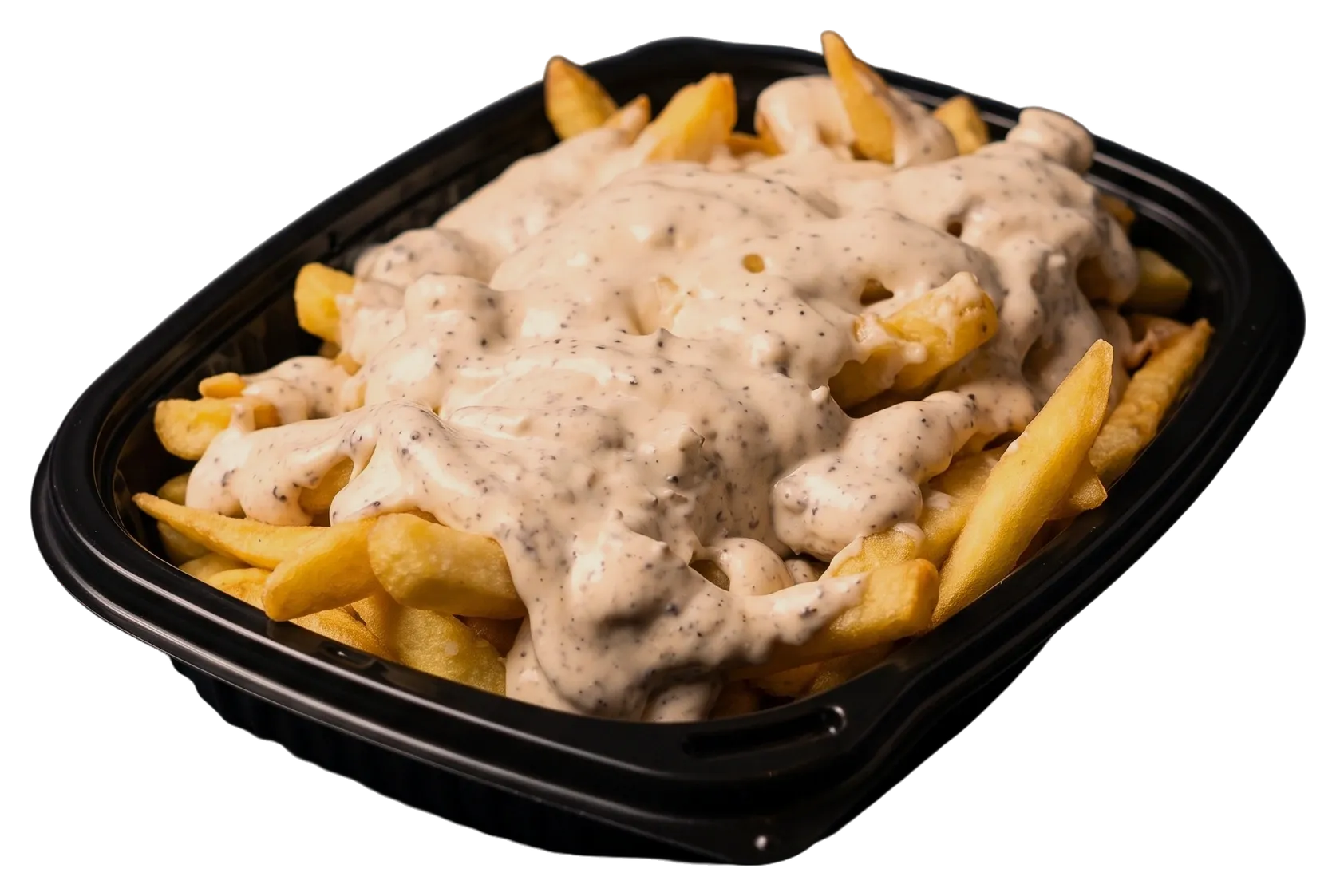 Patatas fritas con mayo-trufa en bandeja negra